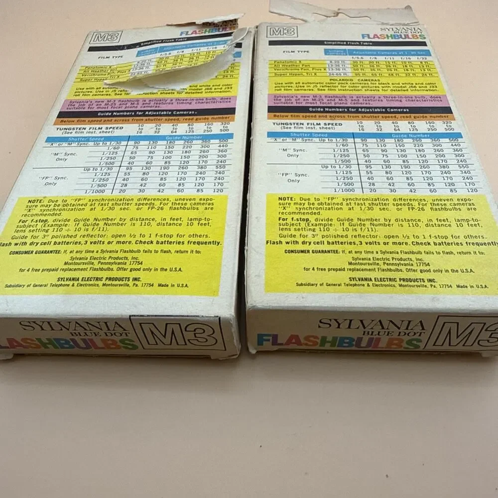 Vintage SYLVANIA Blue Dot FLASHBULBS M3. Original Box of 12 Clear Bulbs. 2 PACKS